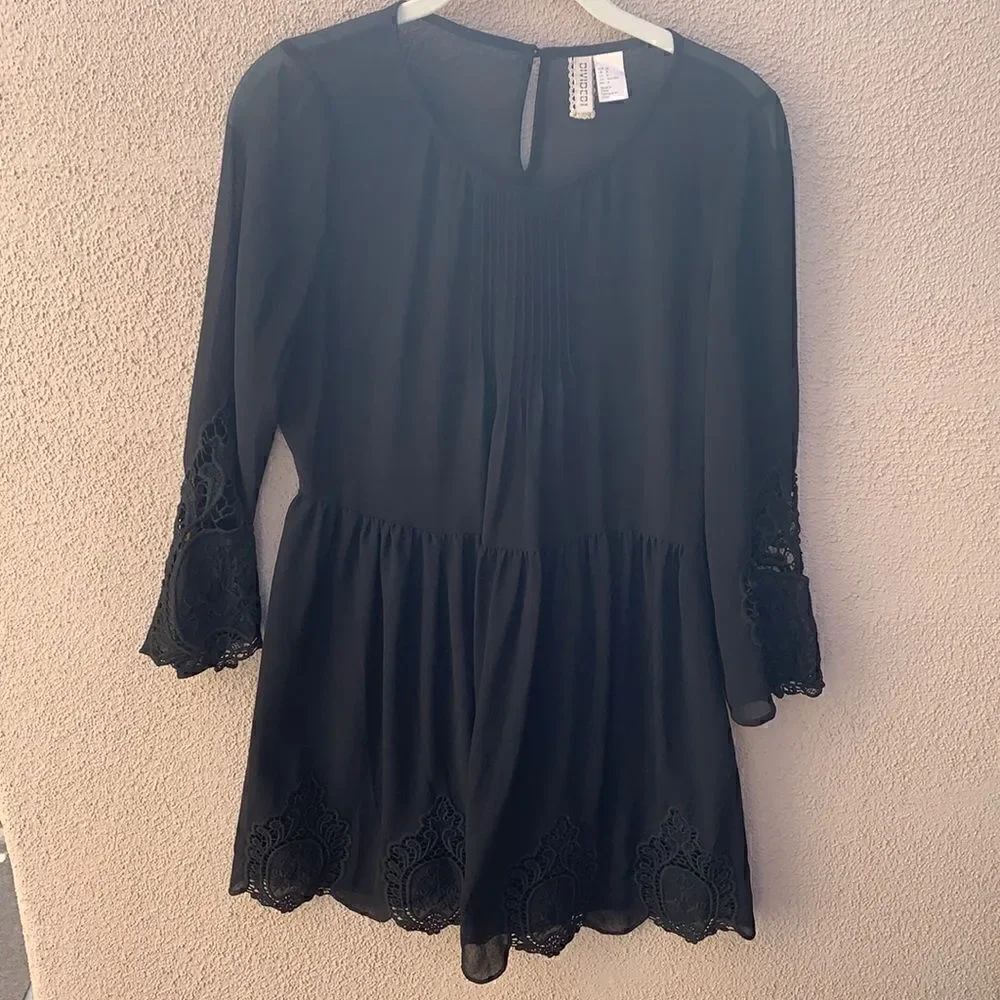 Divided H&M Size 8 Black Lace 3/4 Sleeve Pleated Front Drop Waist Side Zip Dress